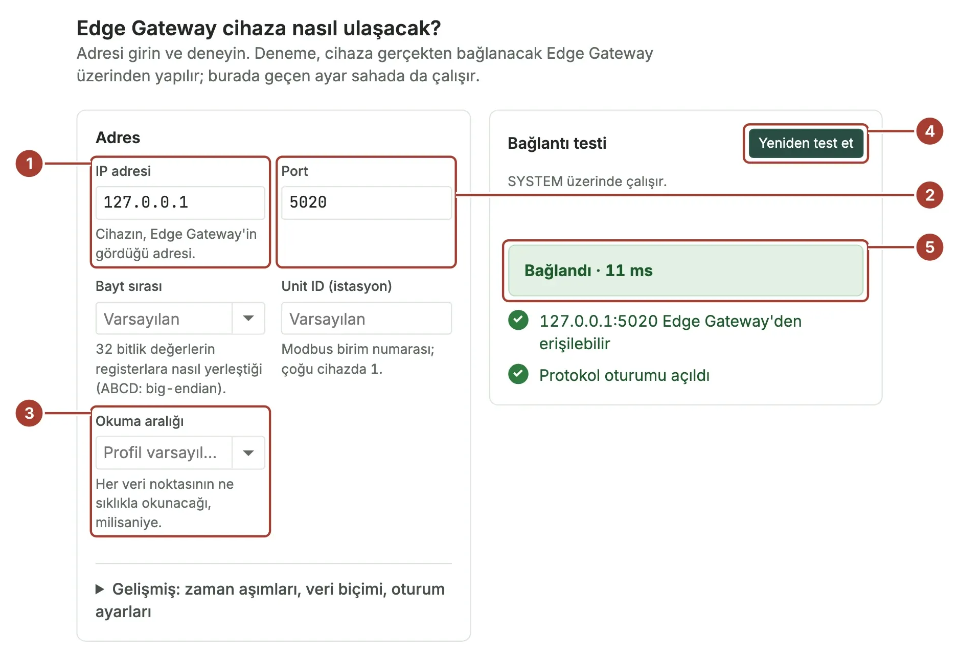 Bağlantı adımı: IP adresi ve port girilmiş, sağda başarılı bir bağlantı testi