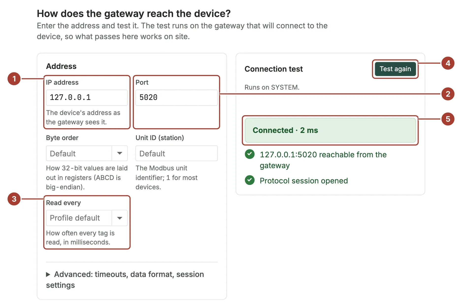 The connection step with an IP address and port entered and a passed connection test on the right