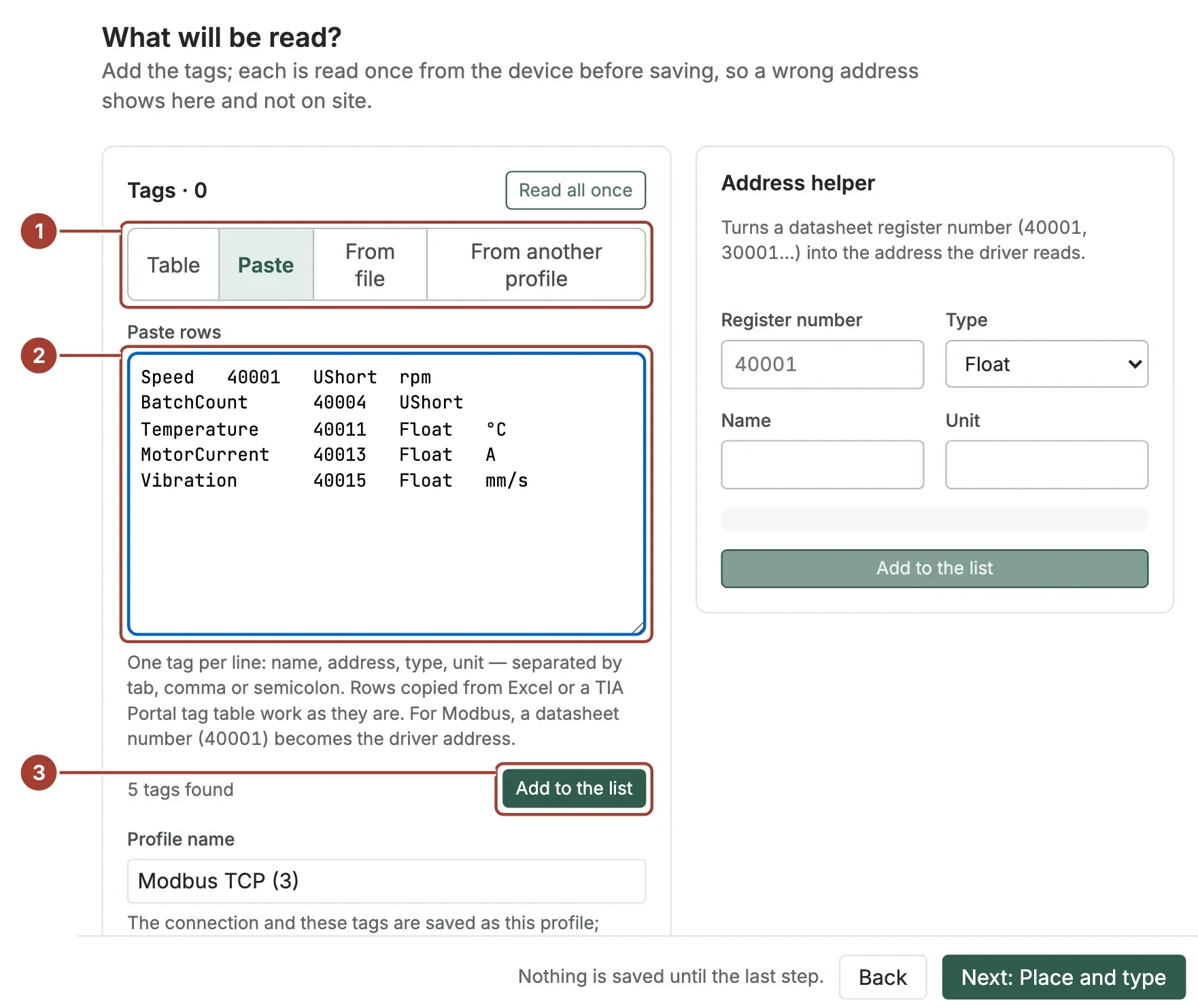 The Paste tab with five rows of tags pasted: name, register number, type and unit