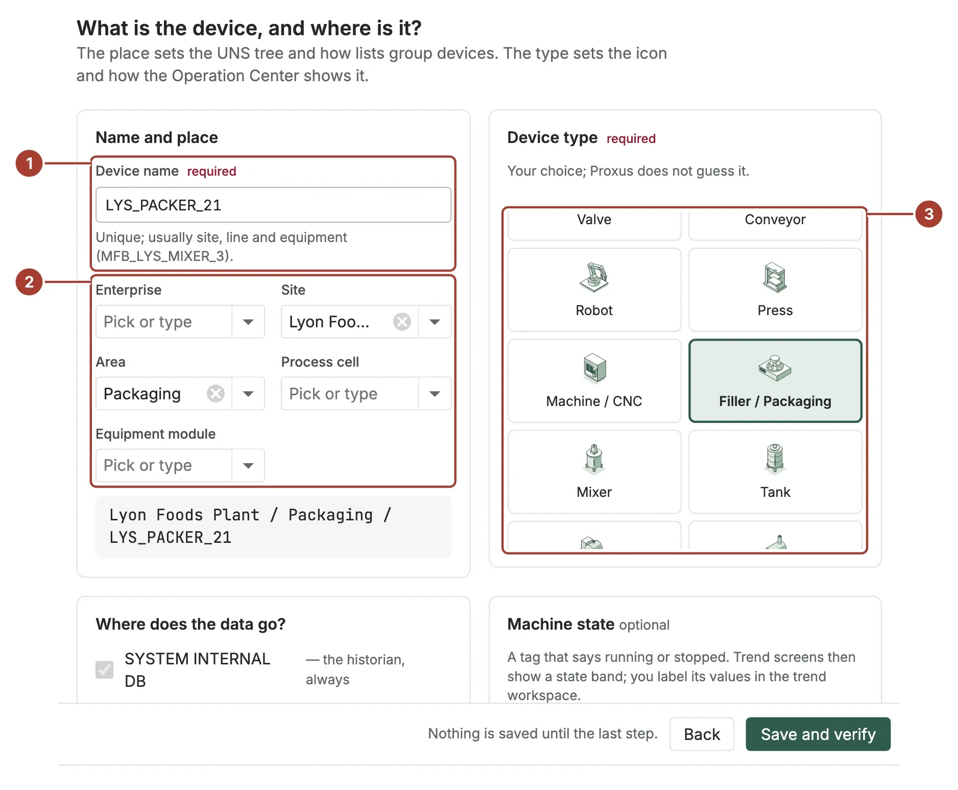 The place and type step with the device name, site and area filled in and Filler / Packaging selected as the device type