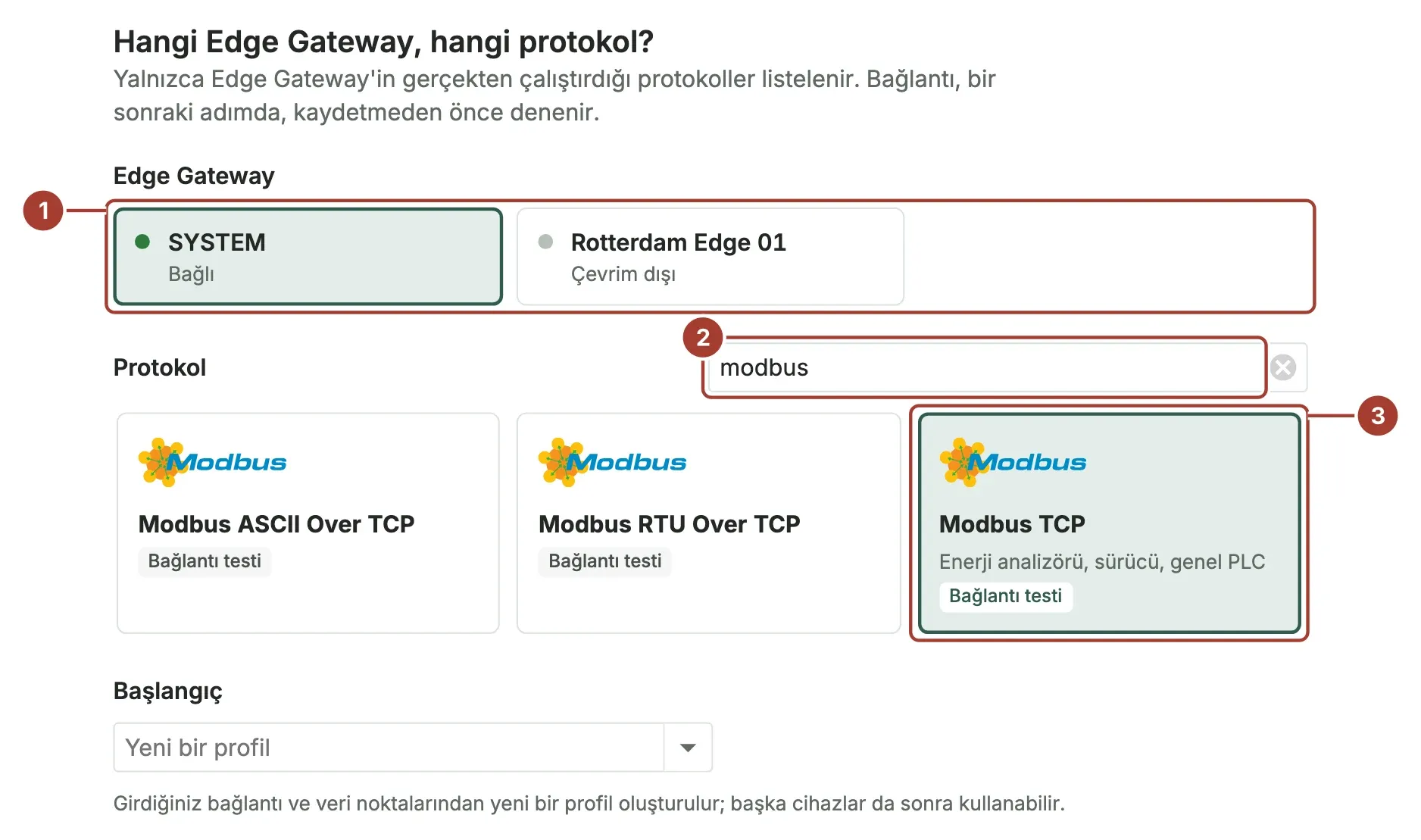 Sihirbazın ilk adımı: Edge Gateway seçili, protokol arama kutusuna bir arama yazılmış ve bir protokol kartı seçili