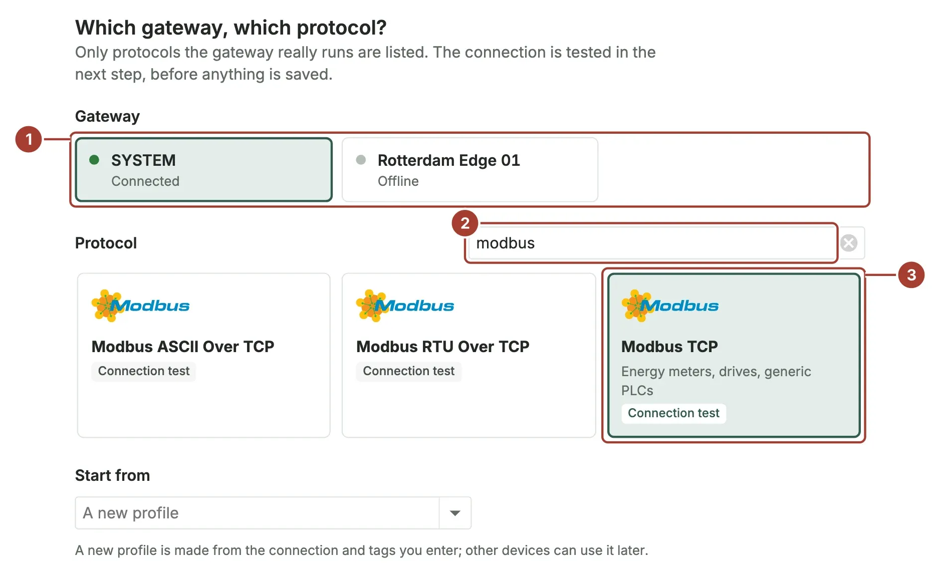 The first wizard step with the gateway selected, a search term in the protocol search box and one protocol card selected