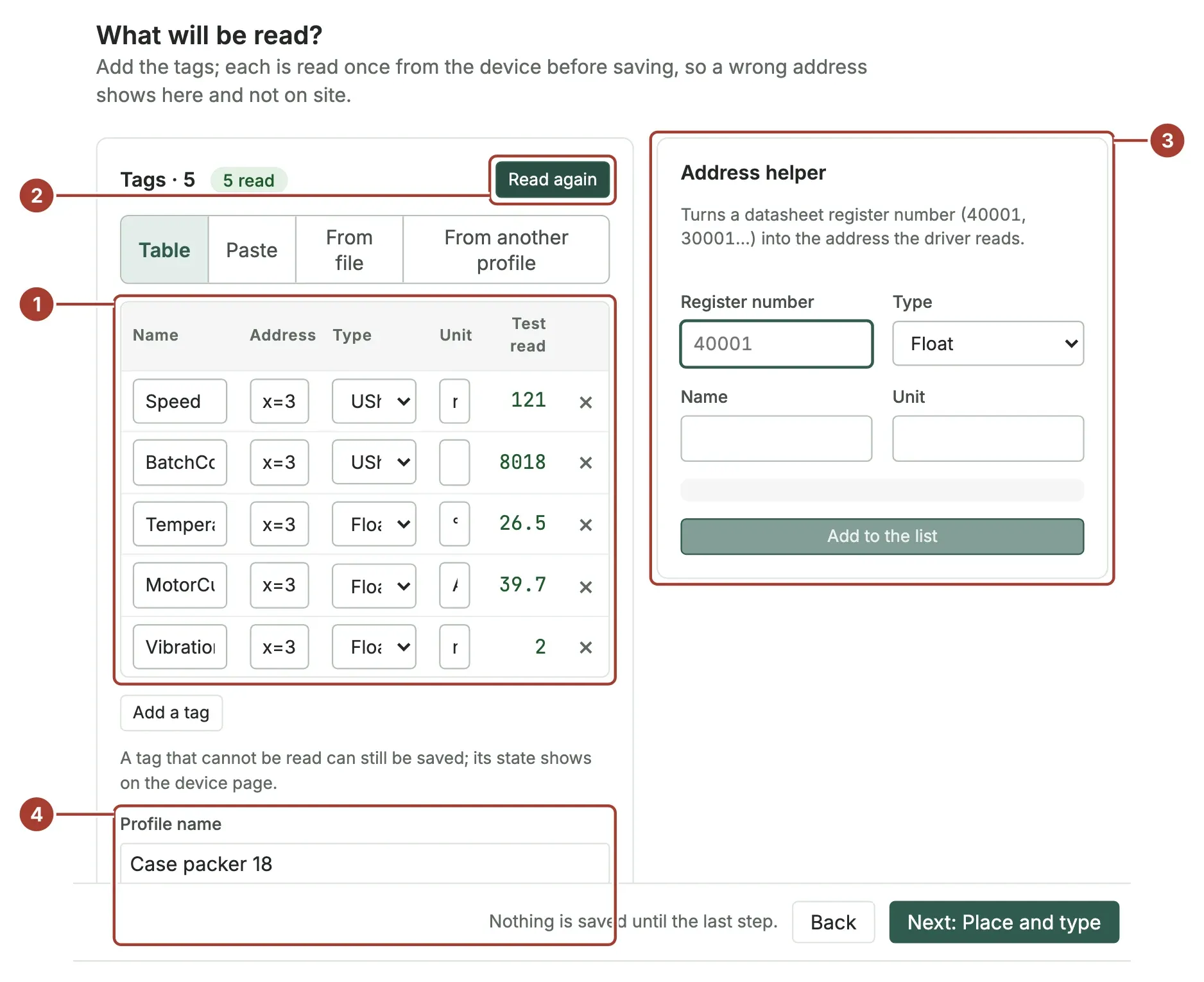 The tag table with names, addresses, types and units, and a test-read value next to each tag