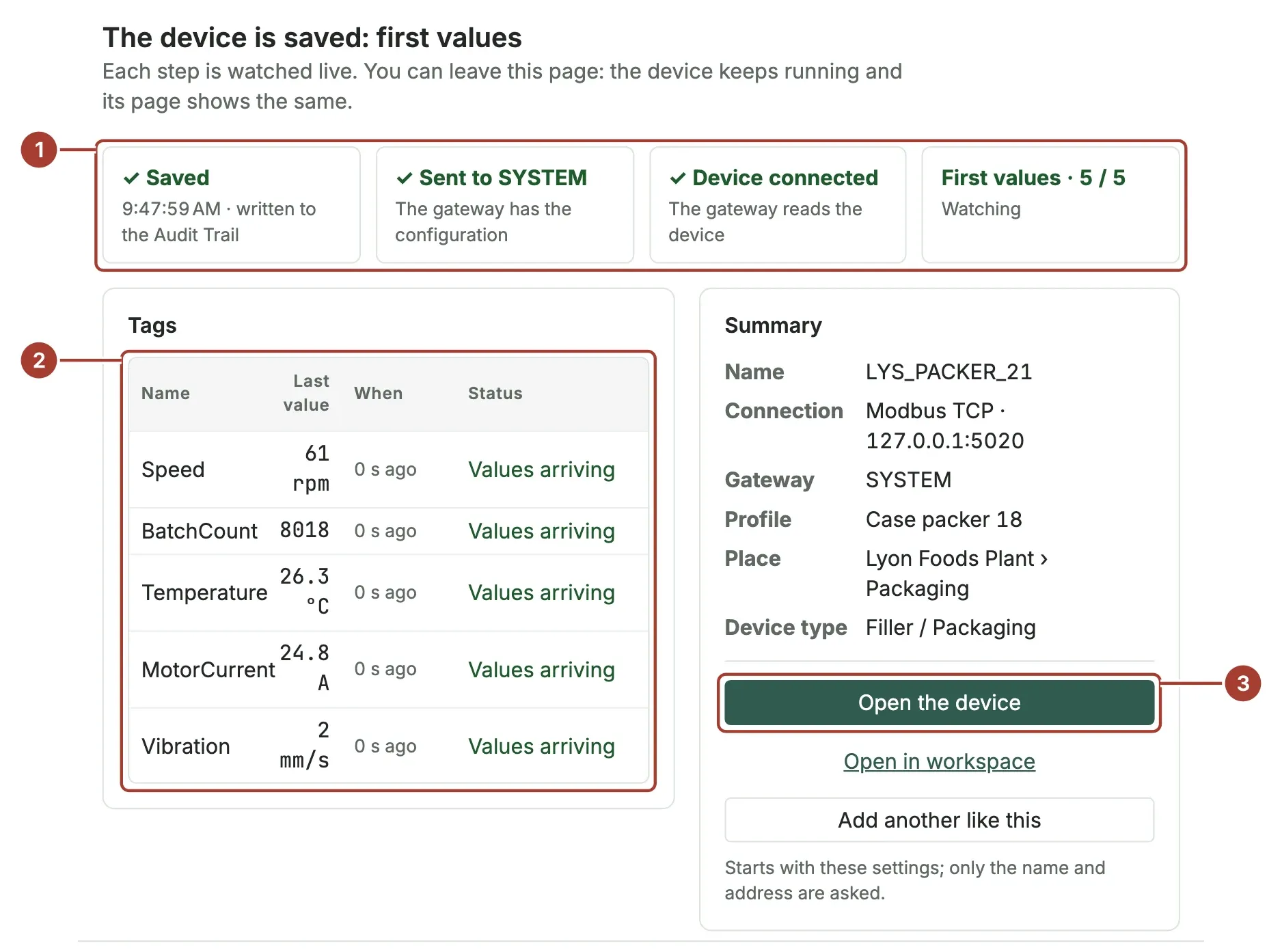 The verify step showing four completed stages and the first values of each tag