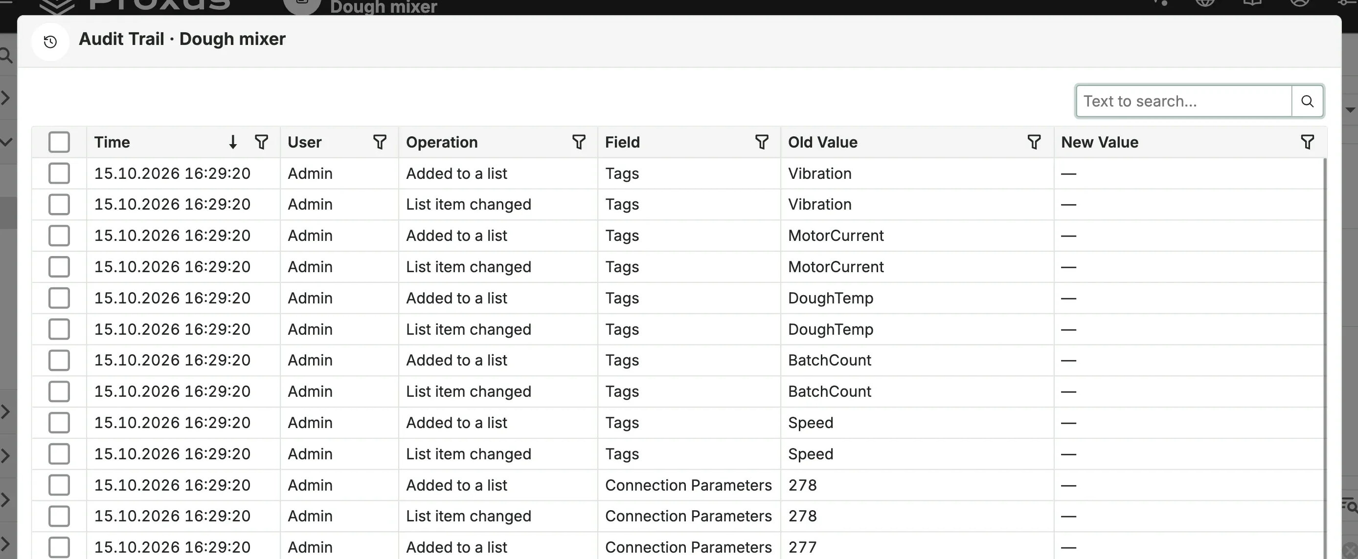 The Audit Trail window of the device profile Dough mixer, with the newest changes first: time, user, operation, property and old and new values