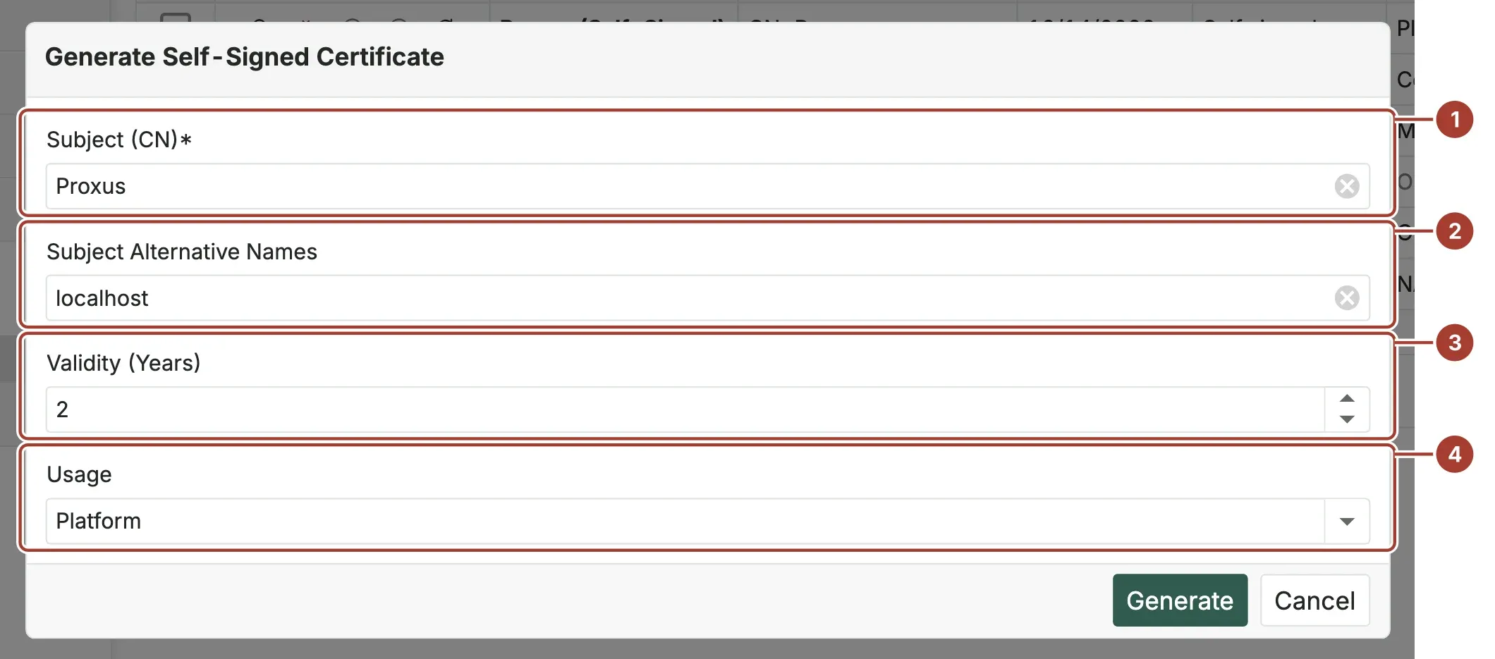 The Generate Self-Signed Certificate dialog with Subject, Subject Alternative Names, Validity and Usage marked
