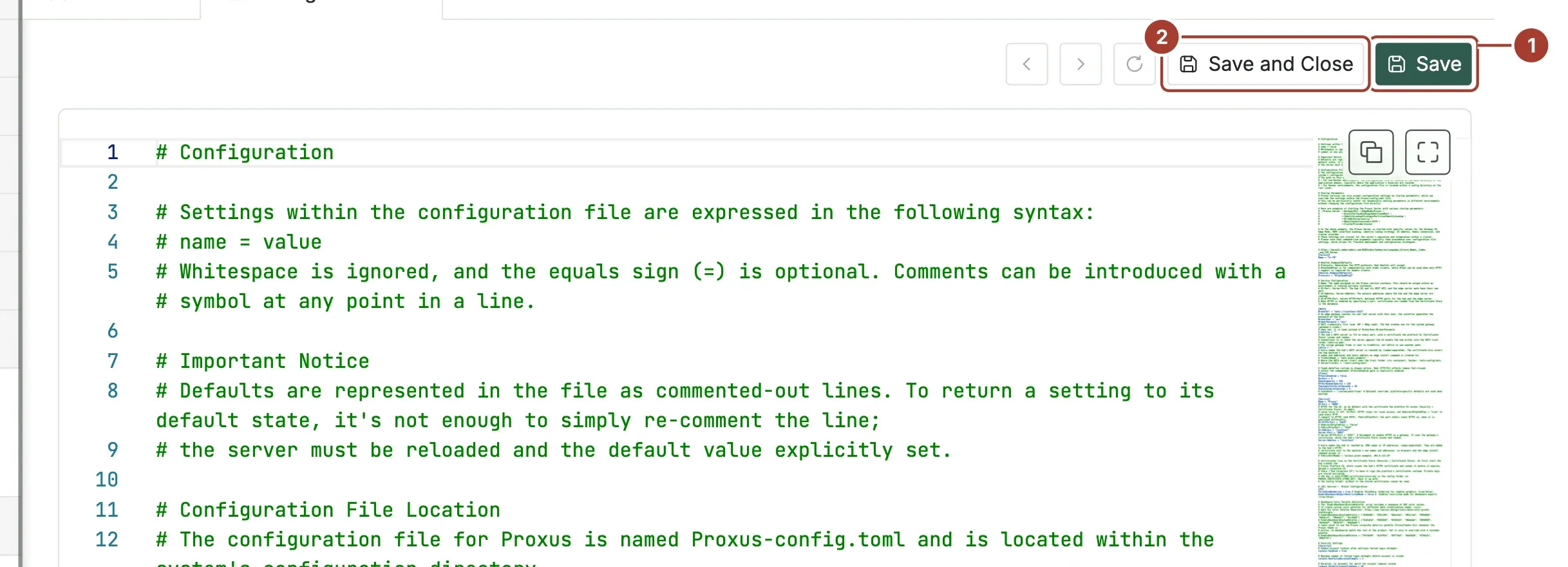 The Config Editor with the top of Proxus-config.toml and the Save and Save and Close buttons marked