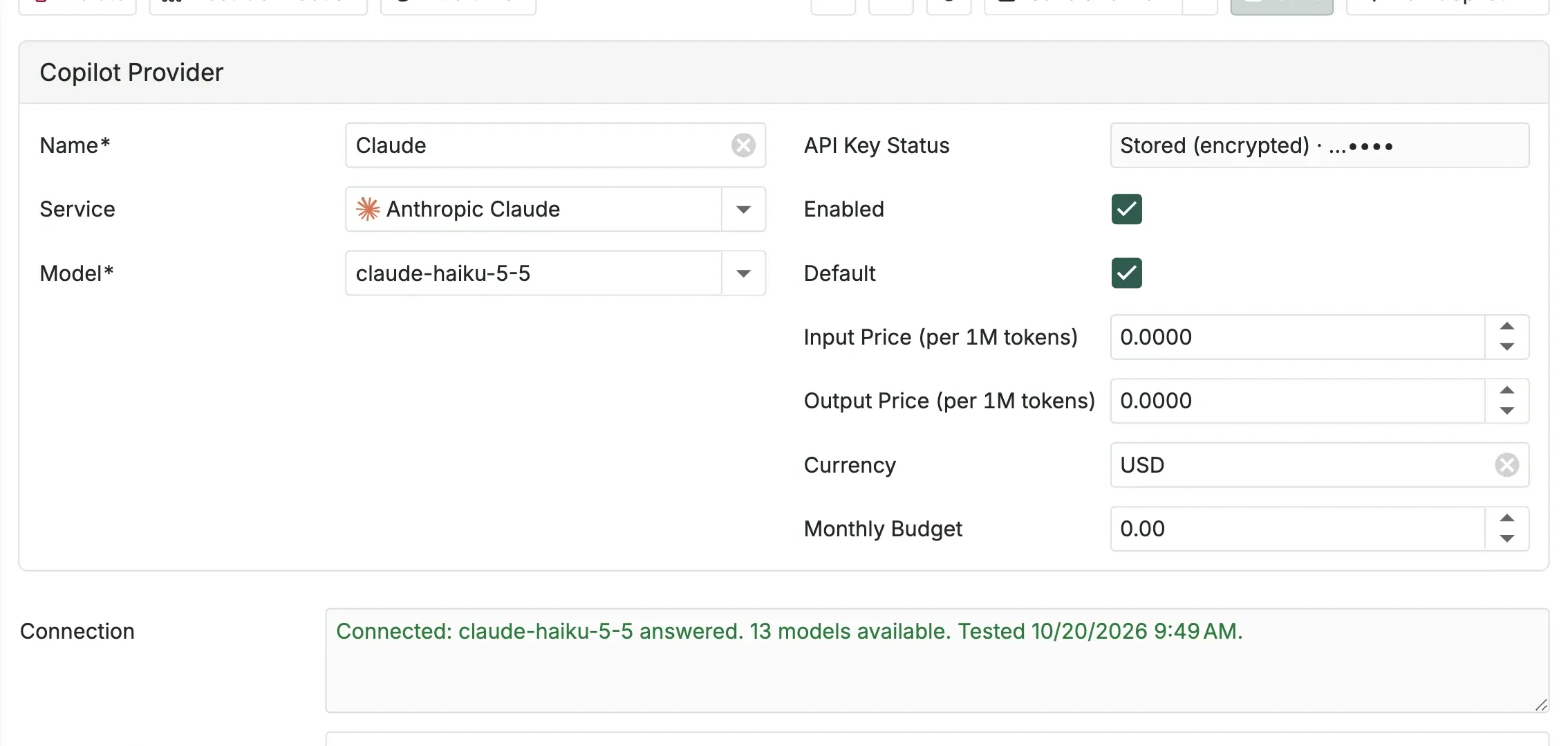 A Copilot service for Anthropic Claude with the model claude-haiku-5-5, Enabled and Default ticked, prices, currency and monthly budget, and a green Connection result after Test Connection