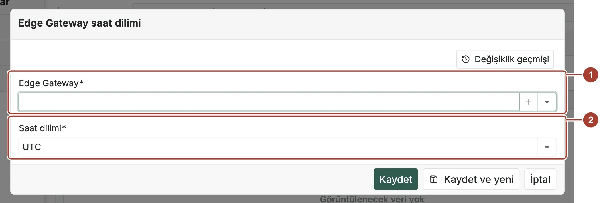 Edge Gateway listesi ve saat dilimi işaretli Edge Gateway saat dilimi penceresi