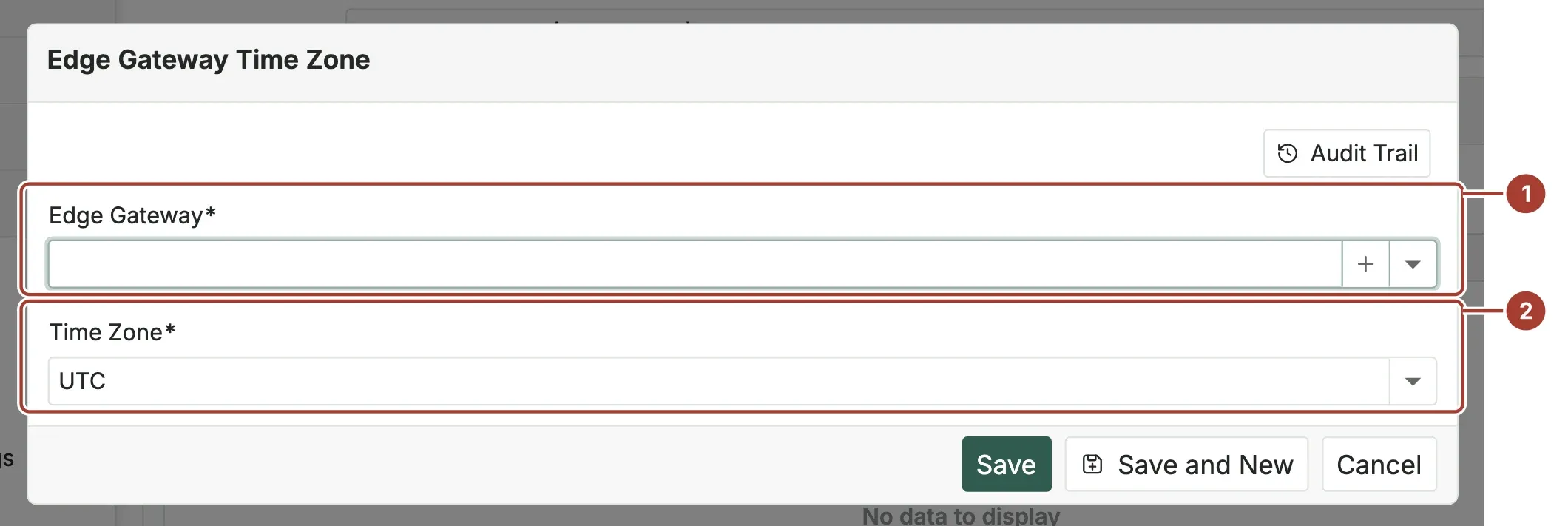 The Edge Gateway Time Zone dialog with the Edge Gateway list and the time zone marked