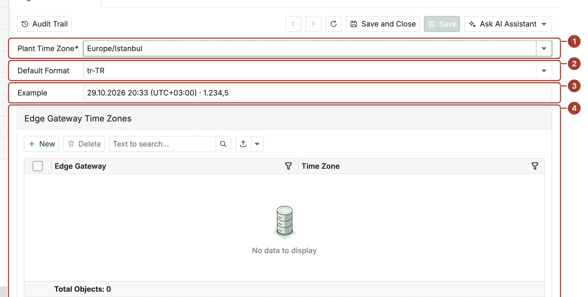 The Region and Time page with the plant time zone, the default format, the example and the Edge Gateway time zone list marked