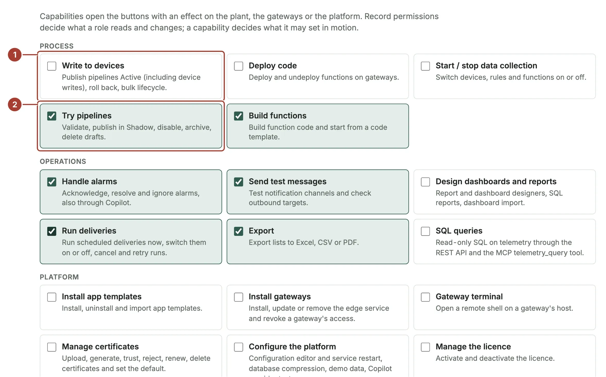 The Capabilities tab of the built-in Engineer role: Try pipelines granted, Write to devices not