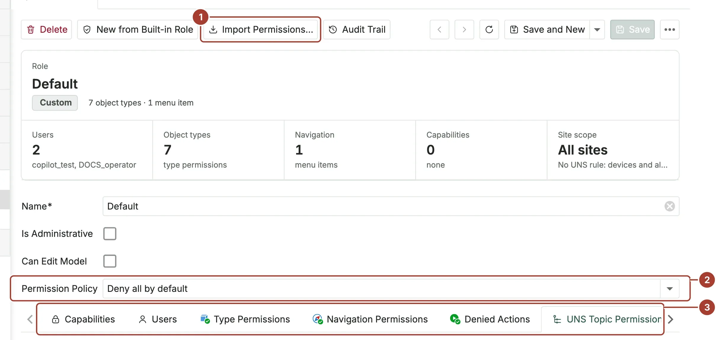 A role page with Import Permissions, the Permission Policy field and the permission tabs marked