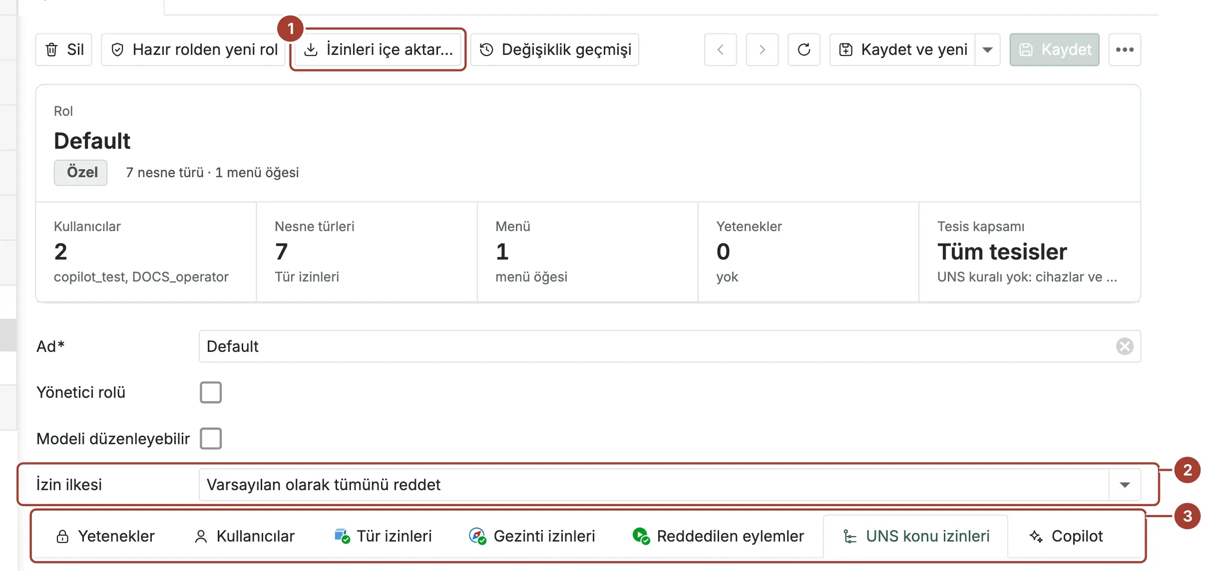 İzinleri içe aktar, İzin ilkesi alanı ve izin sekmeleri işaretli rol sayfası