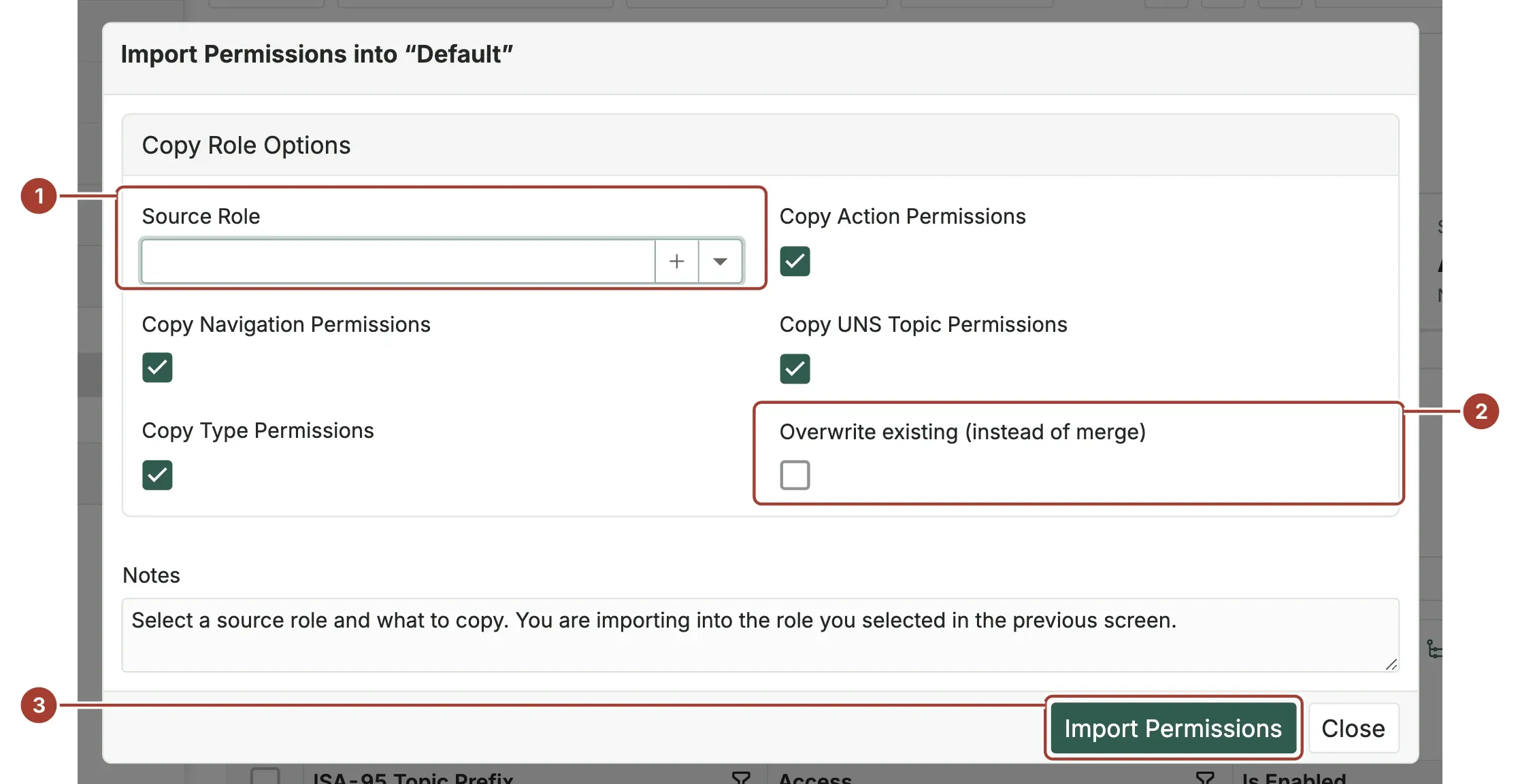 The Import Permissions dialog with the Source Role field, the Overwrite existing option and the Import Permissions button marked
