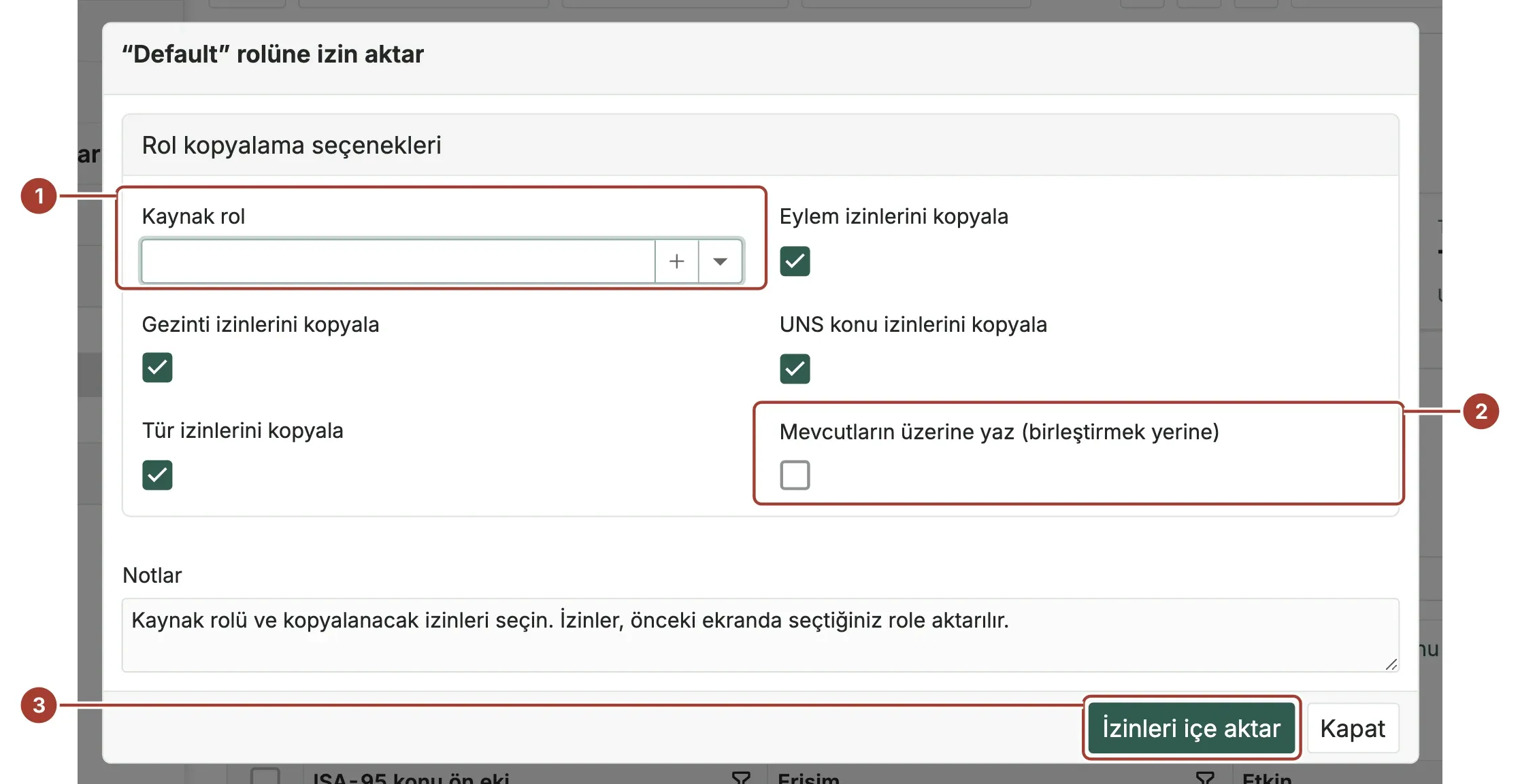 Kaynak rol alanı, Mevcutların üzerine yaz seçeneği ve İzinleri içe aktar düğmesi işaretli İzinleri içe aktar penceresi