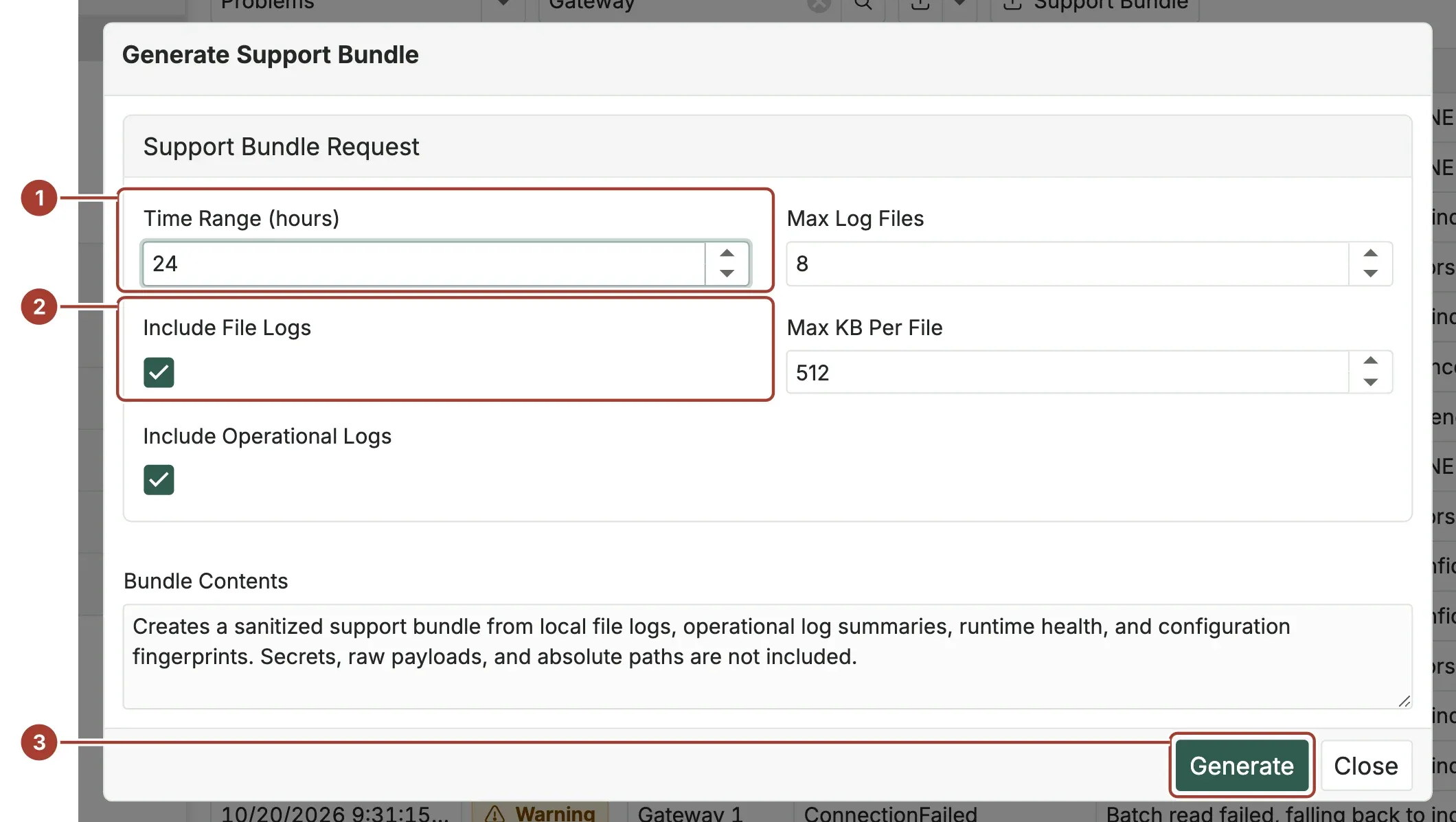 The Generate Support Bundle dialog with the time range, the Include File Logs option and the Generate button marked