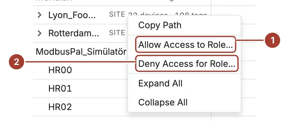 The UNS Explorer right-click menu on a site, with Allow Access to Role and Deny Access for Role marked