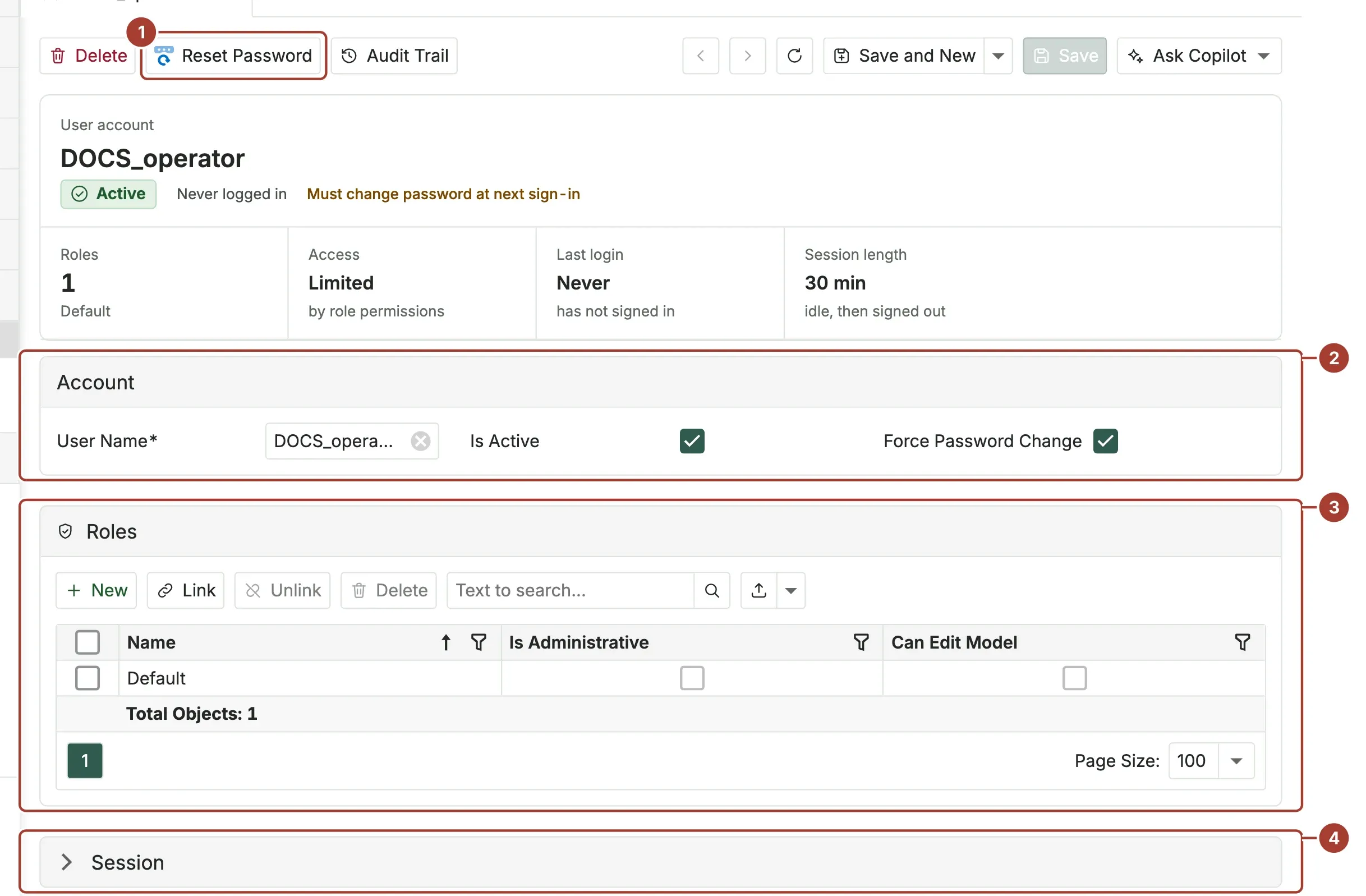 A user page with the Reset Password button, the Account group, the Roles list and the collapsed Session group marked