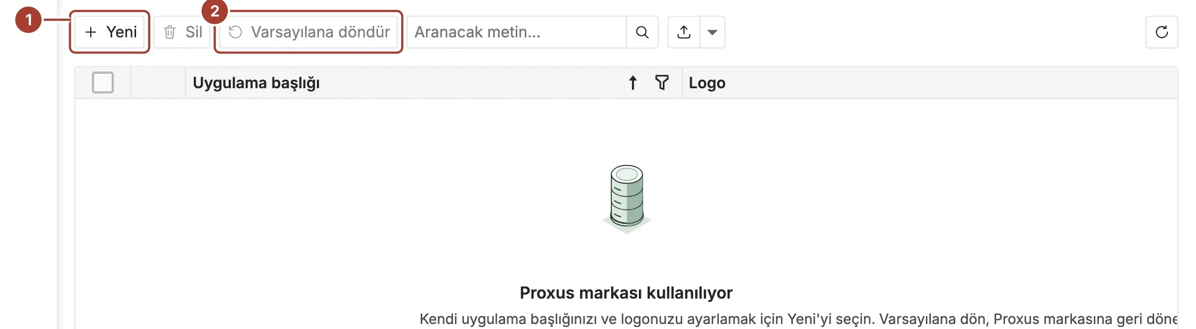 Yeni ve Varsayılana döndür düğmeleri işaretli, boş Marka ayarları listesi