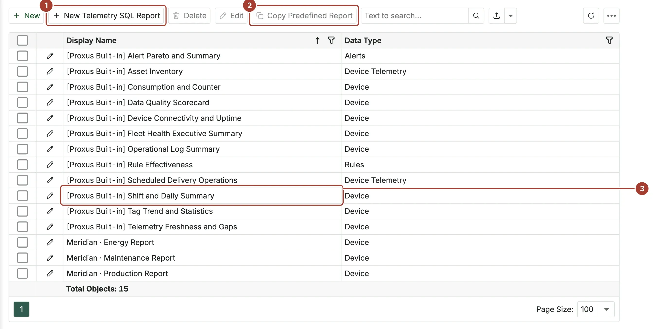 The report list with New Telemetry SQL Report, Copy Predefined Report and the built-in Shift and Daily Summary report marked