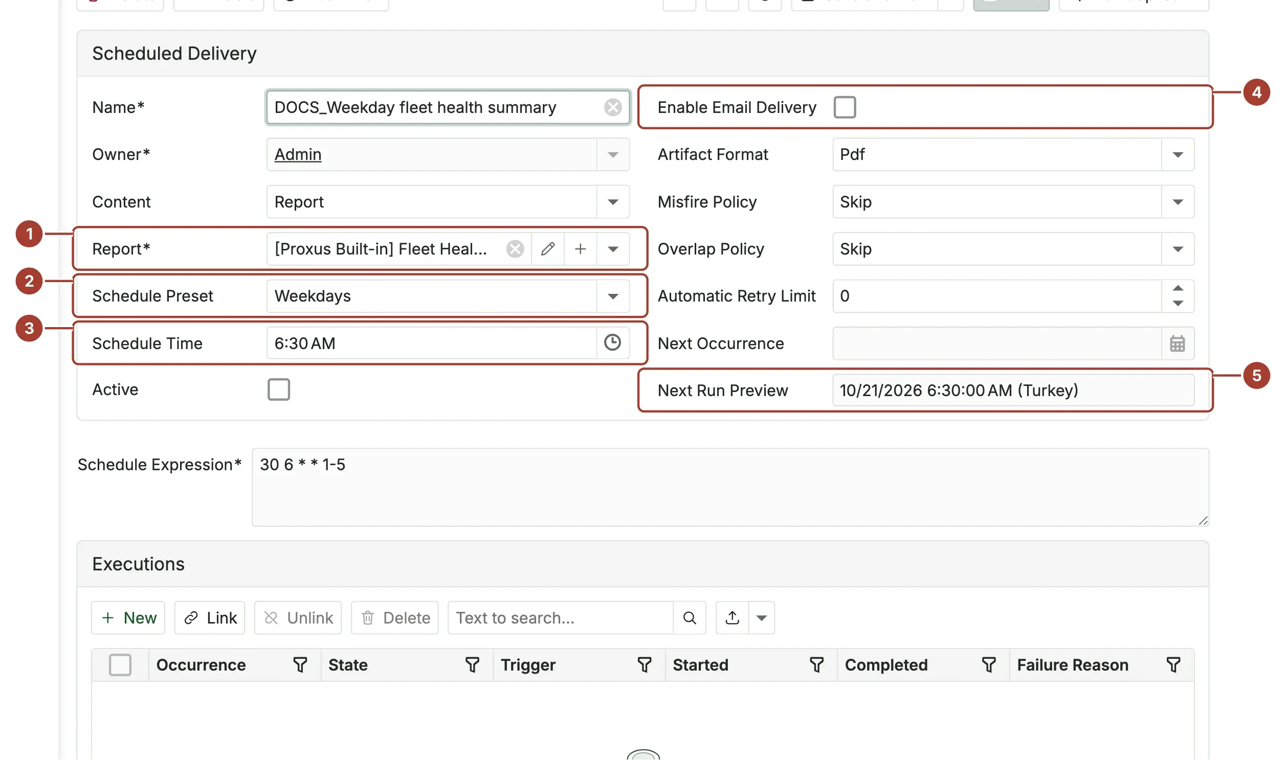 The scheduled delivery form with the Fleet Health Executive Summary report, the Weekdays preset at 6:30 AM, the email delivery box and the preview of the next run