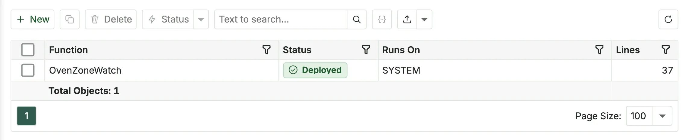 The function list with OvenZoneWatch deployed on the SYSTEM gateway