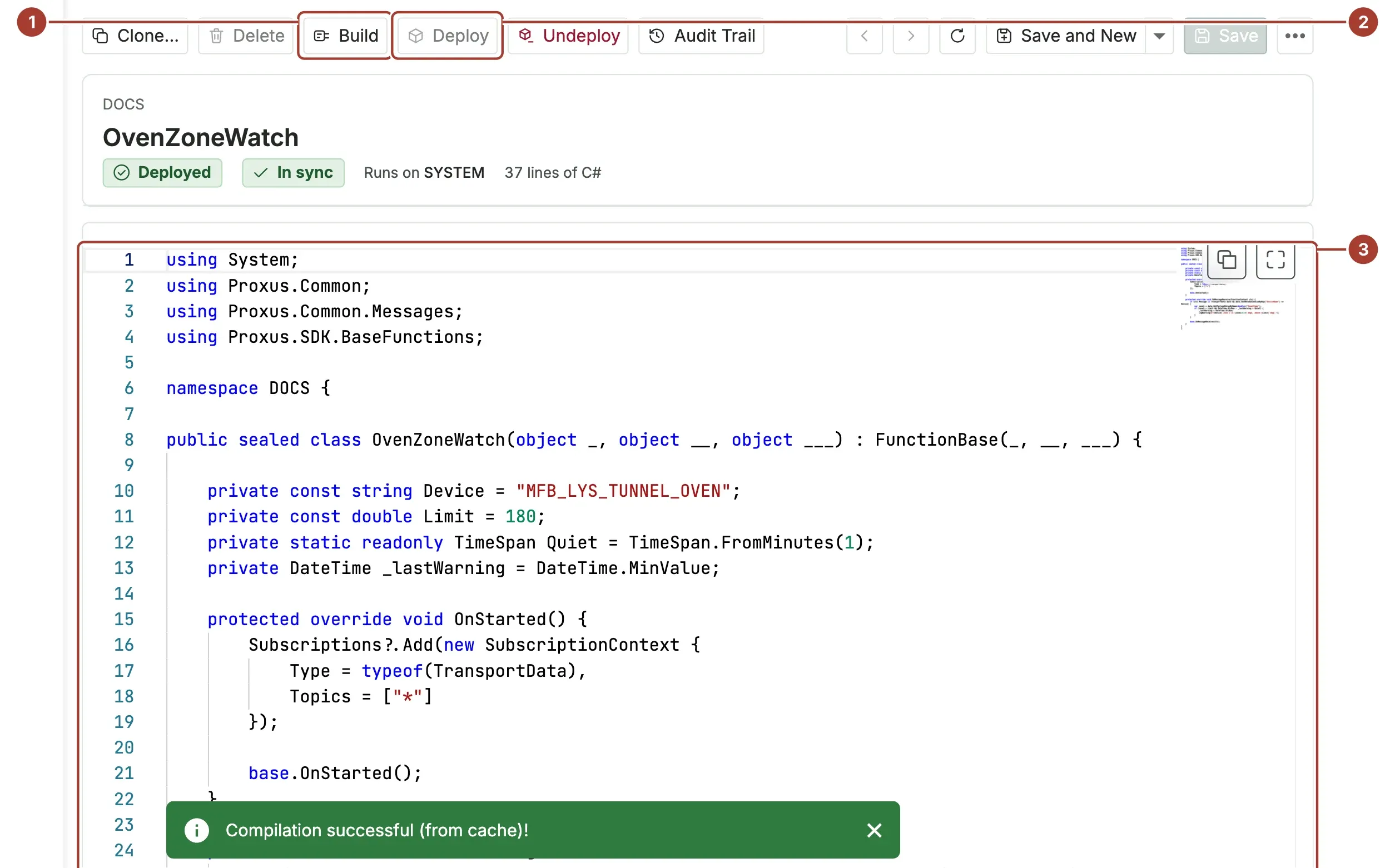 A deployed function with the Build and Deploy buttons and the code in the editor