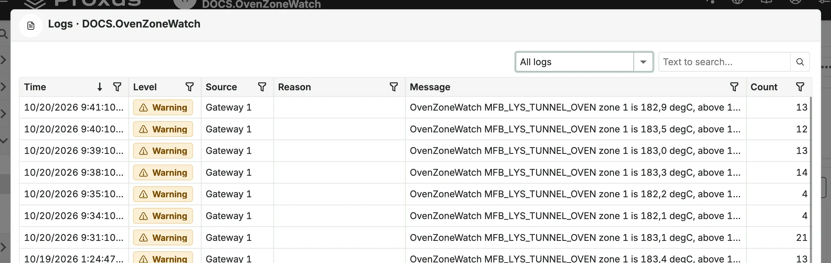The Logs window of the function with two warnings about oven zone 1 above 180 degC