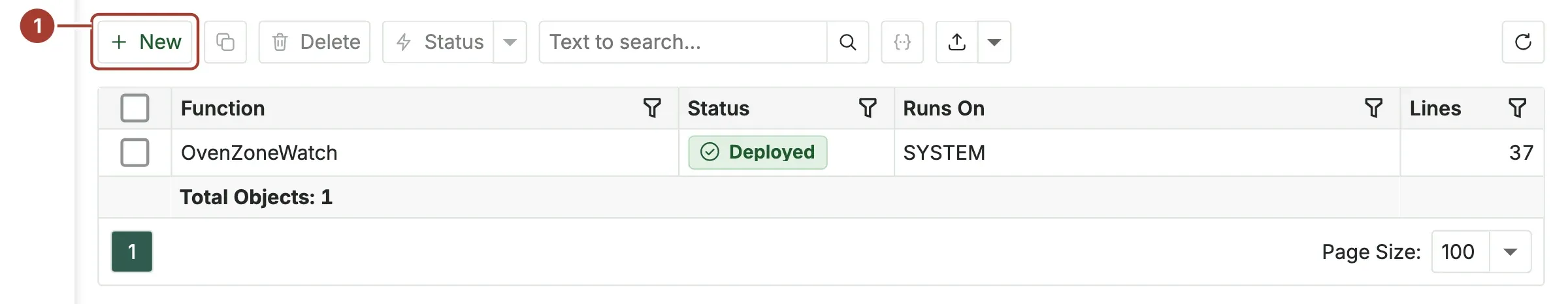 The function list with the New button marked in the toolbar