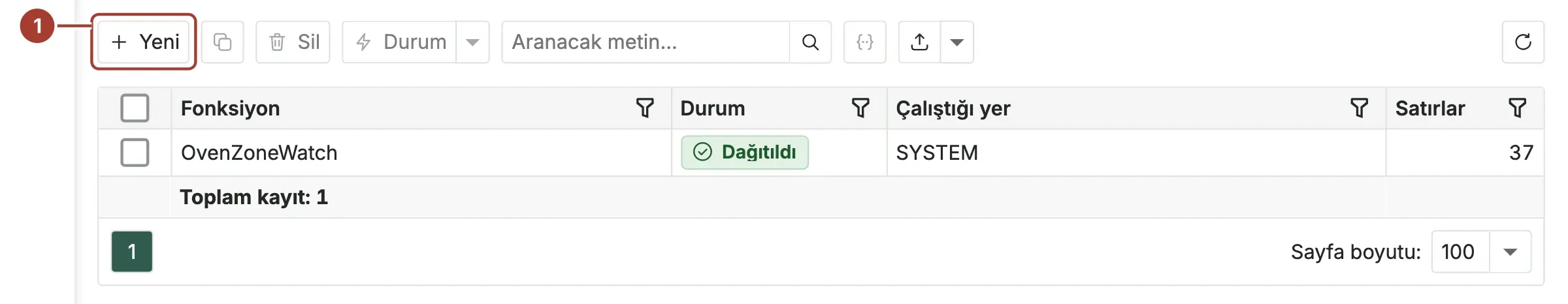Araç çubuğunda Yeni düğmesi işaretli fonksiyon listesi