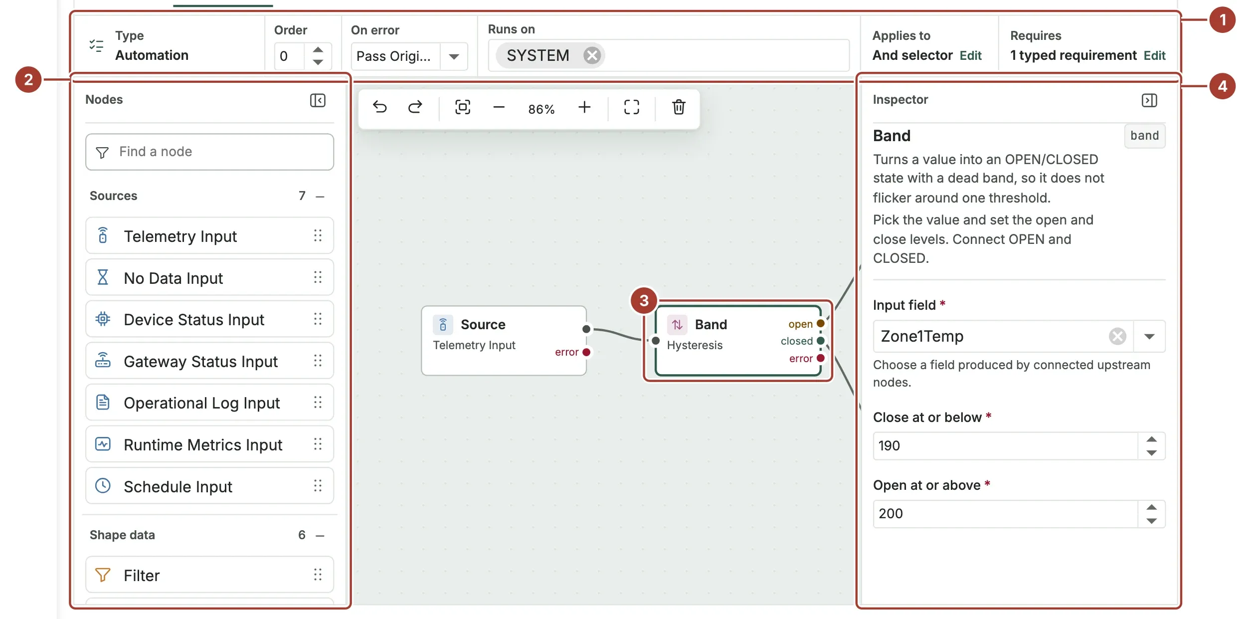 The canvas with the node list on the left, four connected nodes and the inspector of the Band node on the right