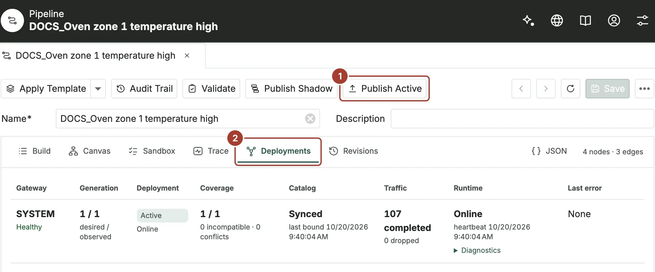 The Deployments tab showing the SYSTEM gateway as Healthy and Online with its catalog synced