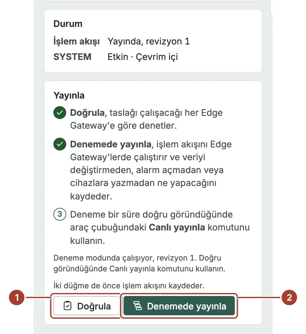 Doğrulama ve Denemede yayınlamadan sonra Doğrula ve Denemede yayınla düğmeleriyle Yayınla kartı