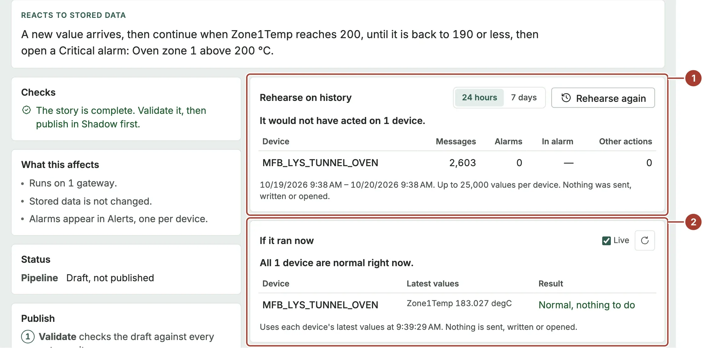 The review page with a rehearsal over 24 hours of the oven's history and the live check below it