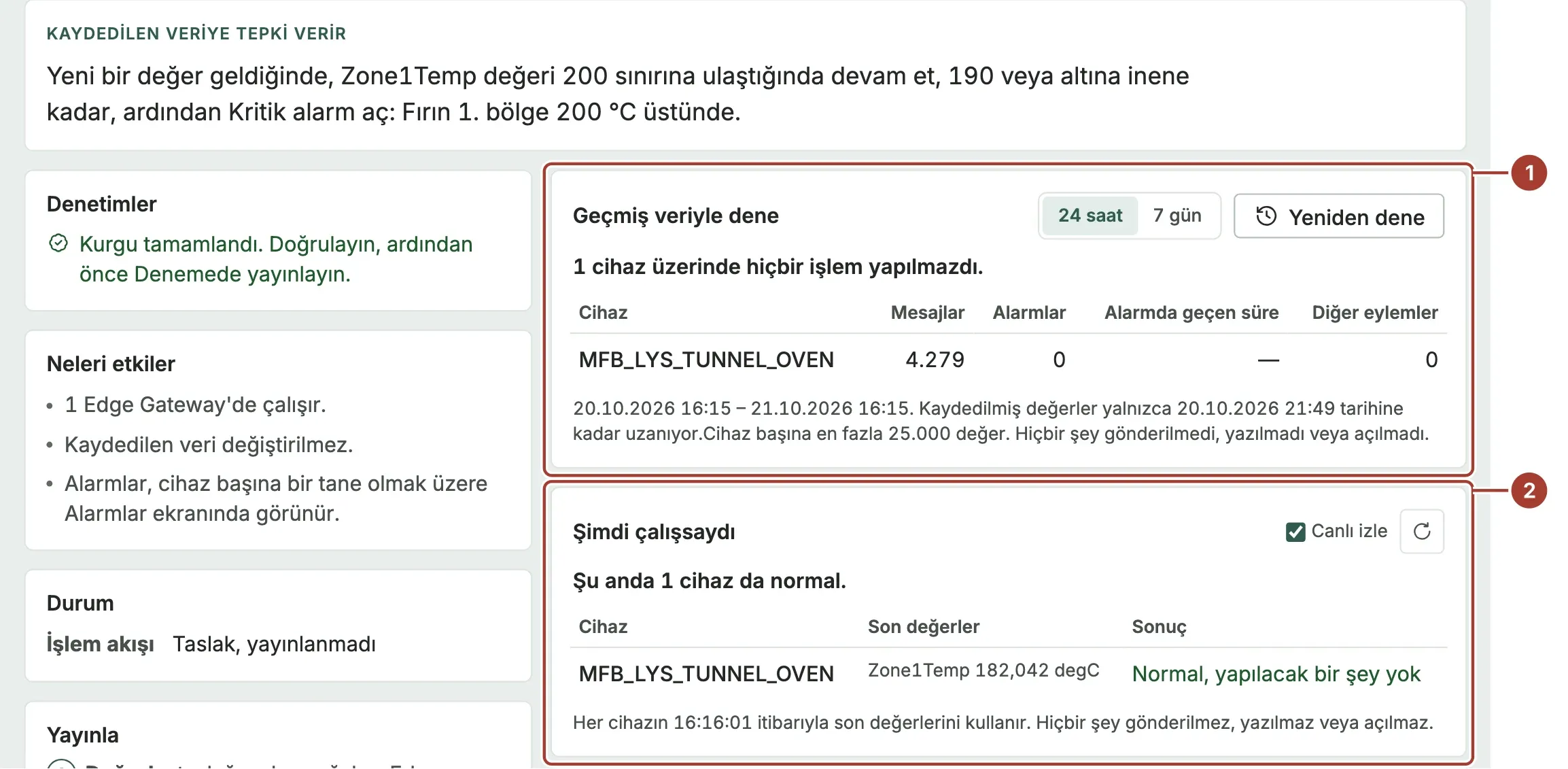 Fırın geçmişinin 24 saati üzerinde deneme ve altında canlı kontrolle gözden geçirme sayfası