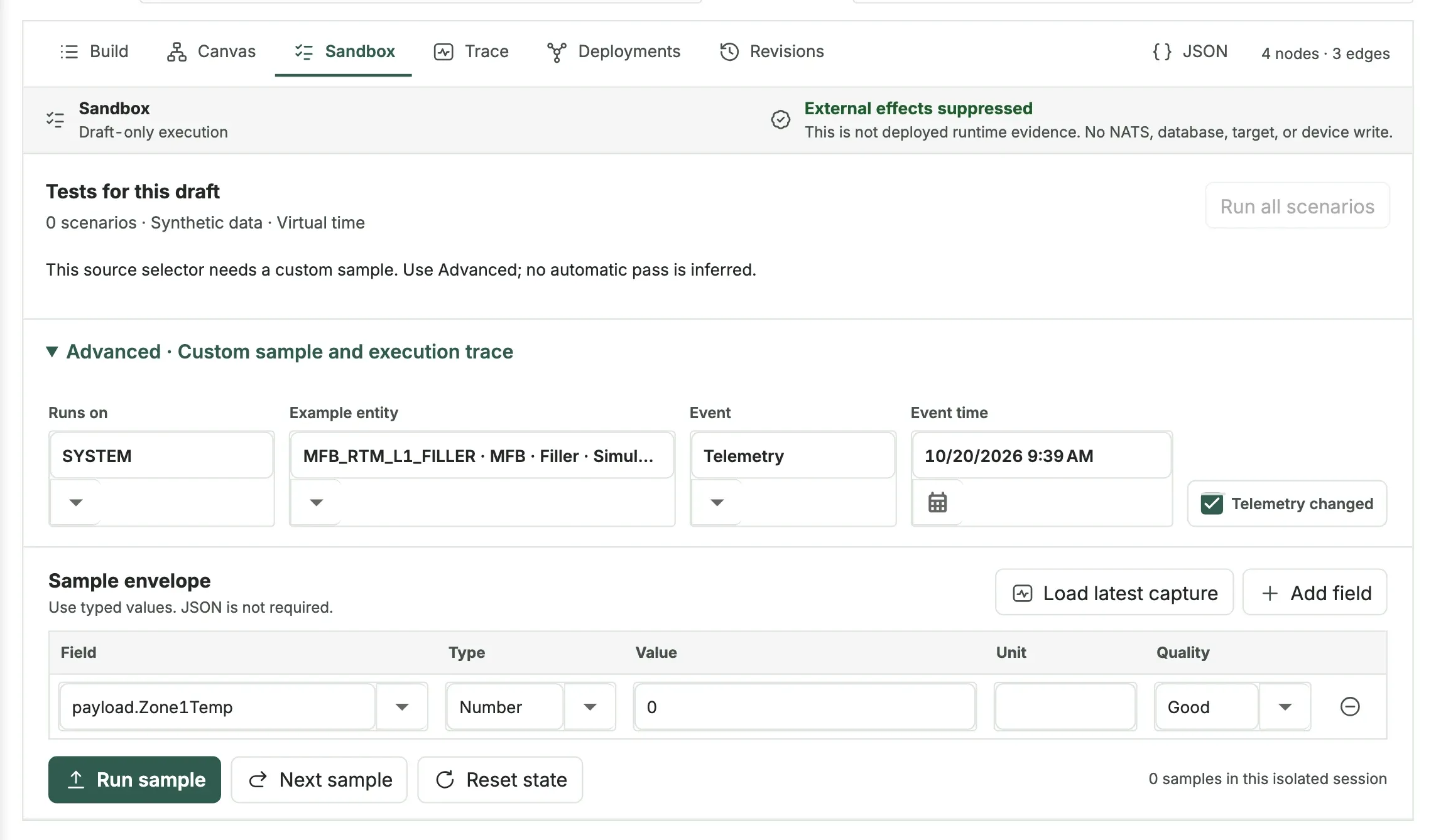 The Sandbox tab with the Tests for this draft panel and the custom sample section opened