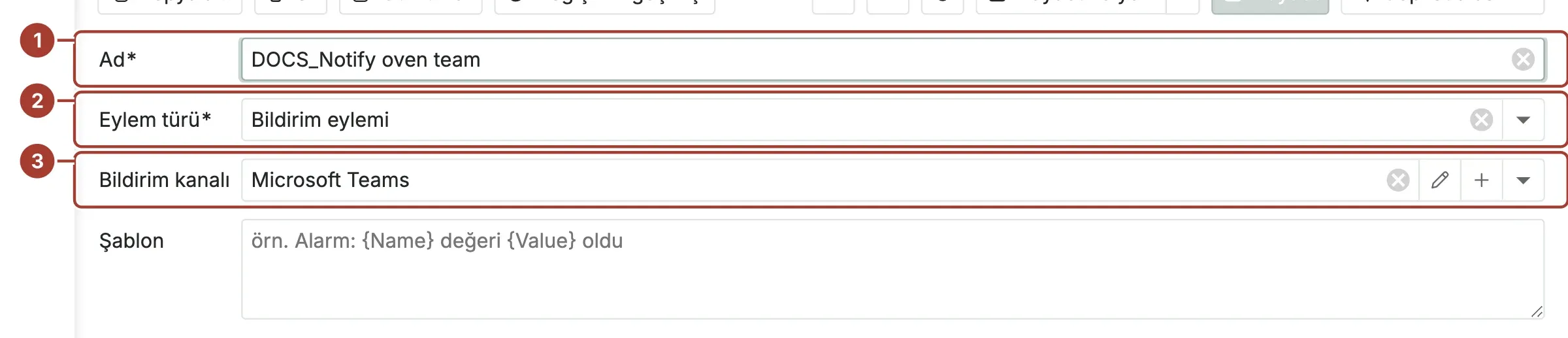 DOCS_Notify oven team adı, Bildirim eylemi türü ve Microsoft Teams kanalıyla kural eylemi formu