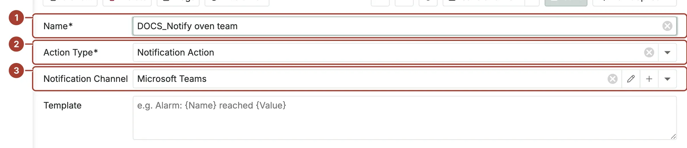 The rule action form with the name DOCS_Notify oven team, the type Notification Action and the channel Microsoft Teams