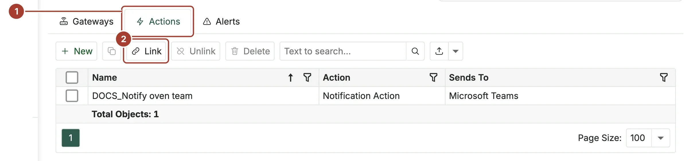 The Actions tab of a rule with the Link button and the linked action DOCS_Notify oven team