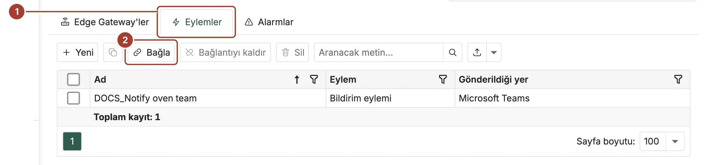 Bir alarm kuralının Eylemler sekmesi: Bağla düğmesi ve bağlı DOCS_Notify oven team eylemi