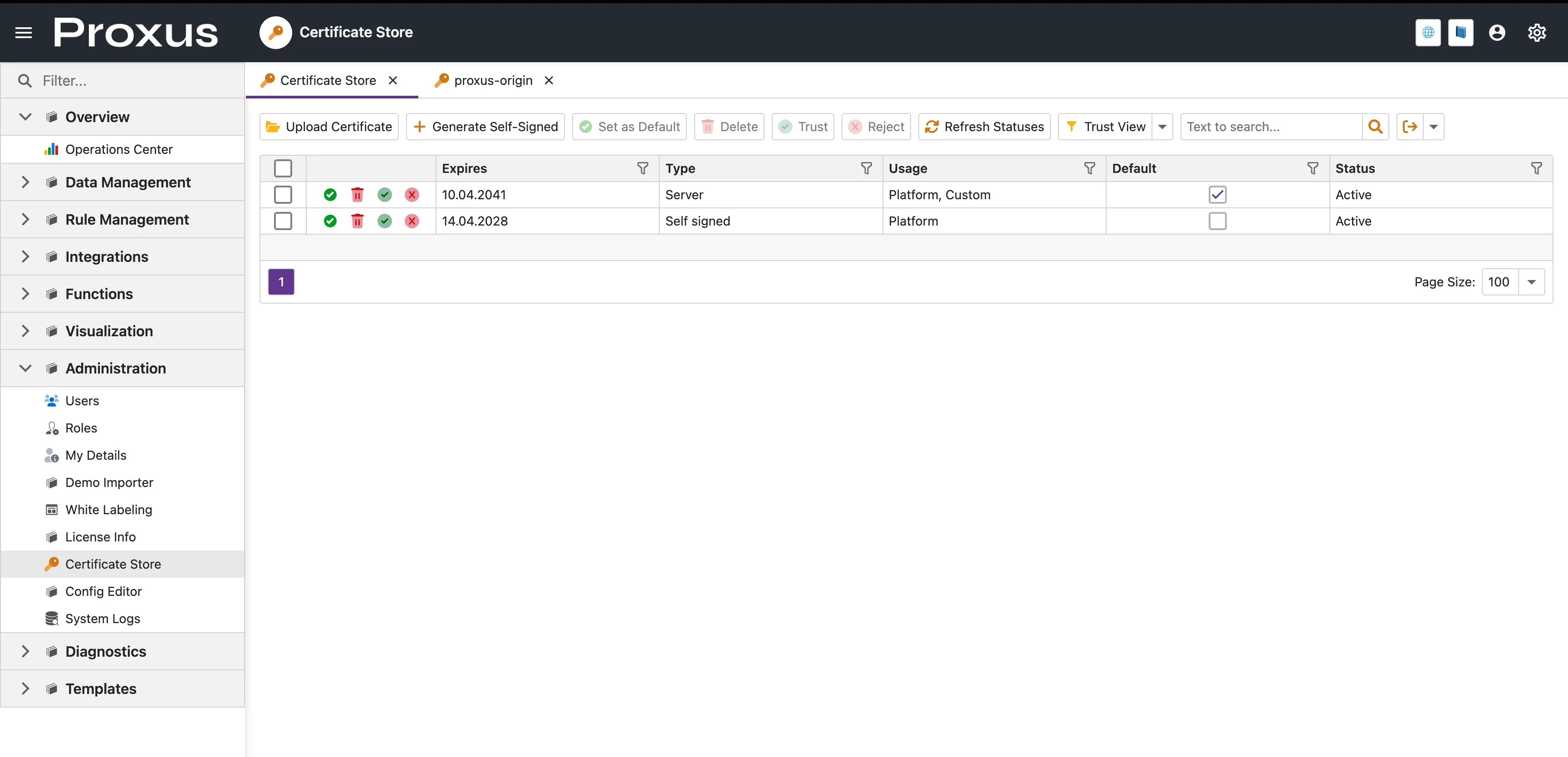 Certificate Store list view