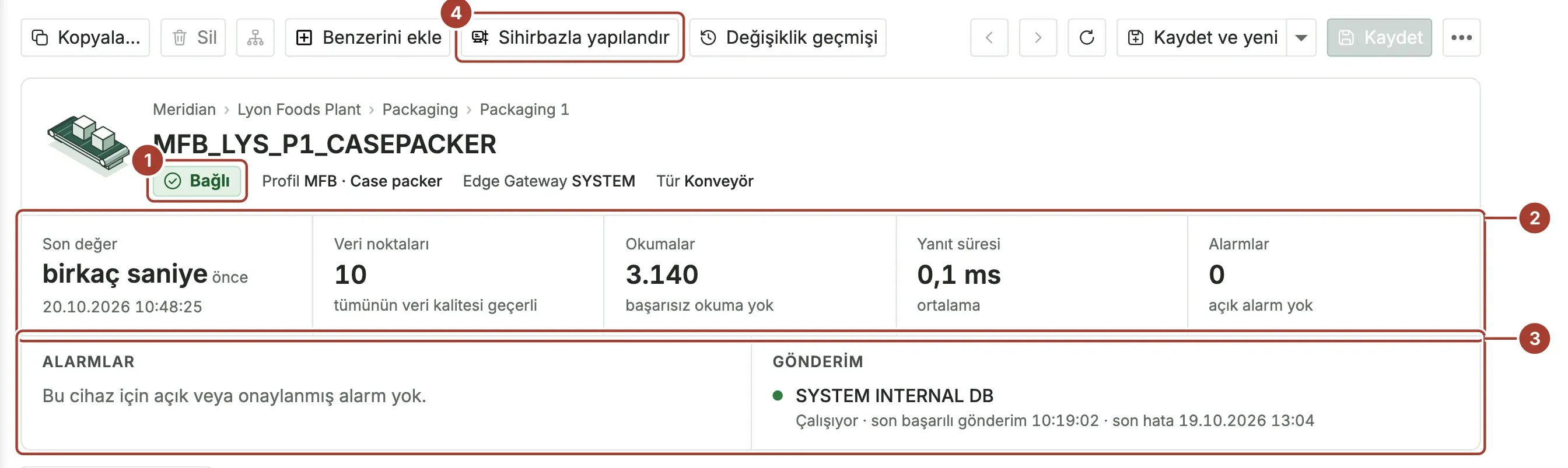 Cihaz sayfasının üst kısmı: Bağlı durumu, beş gösterge, alarmlar, veri iletimi ve araç çubuğu