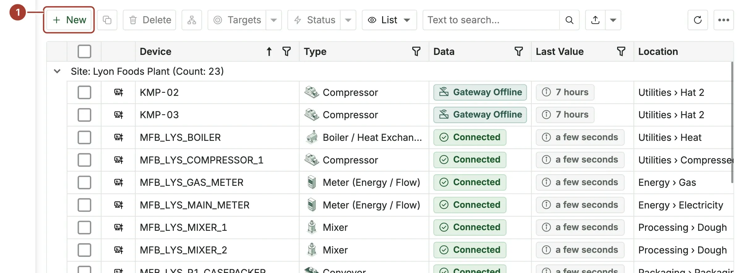 The device list with the New button marked in the toolbar