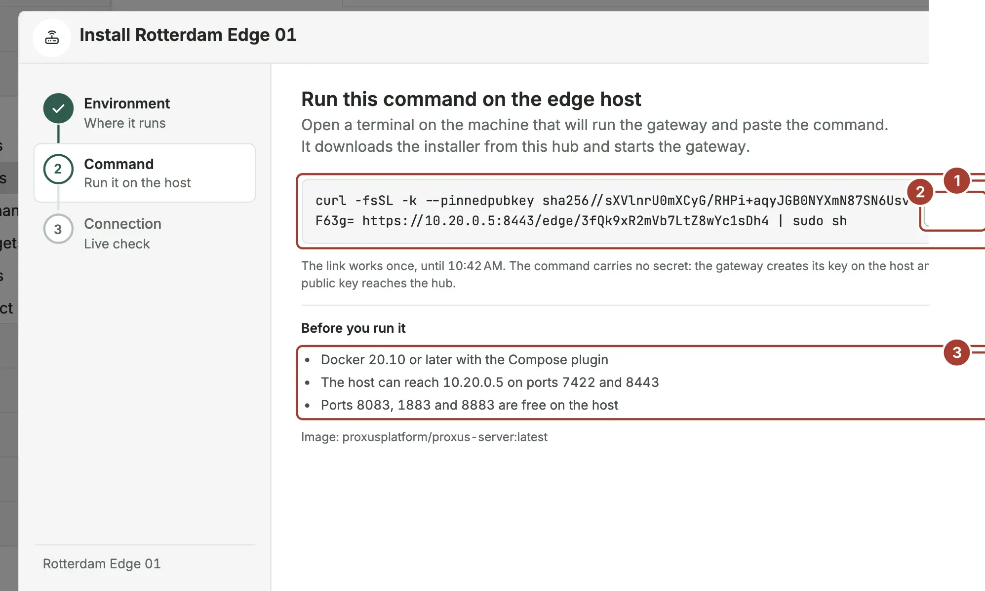 The command step with a curl command to run on the edge host, a Copy button and the list of requirements