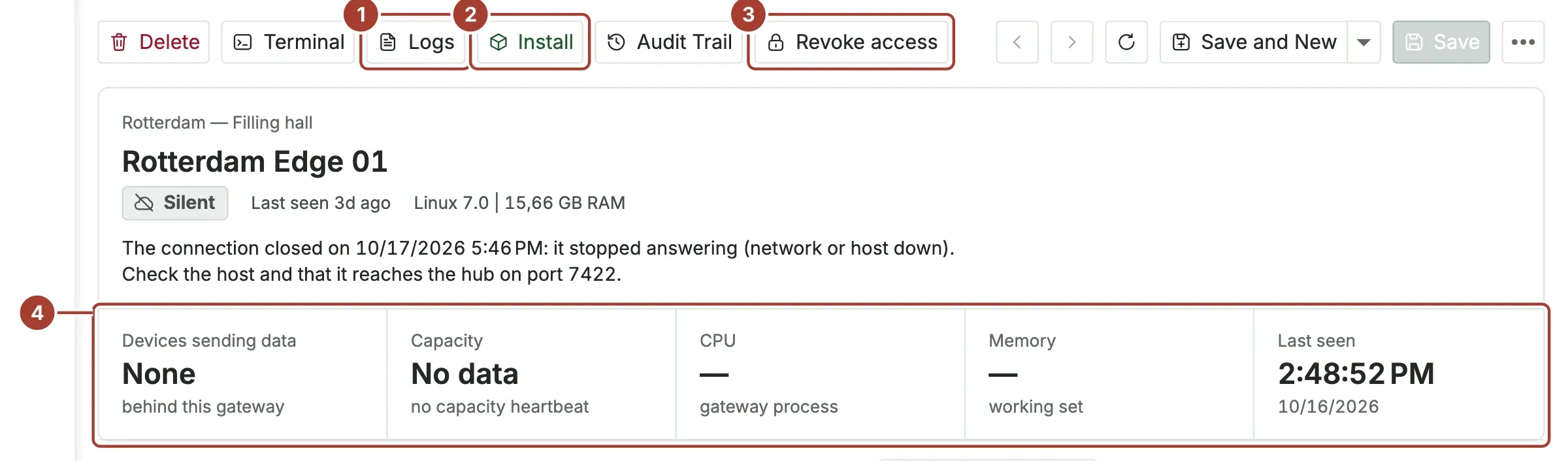 The page of the Rotterdam Edge 01 gateway with the Logs, Install and Revoke access buttons and its figures