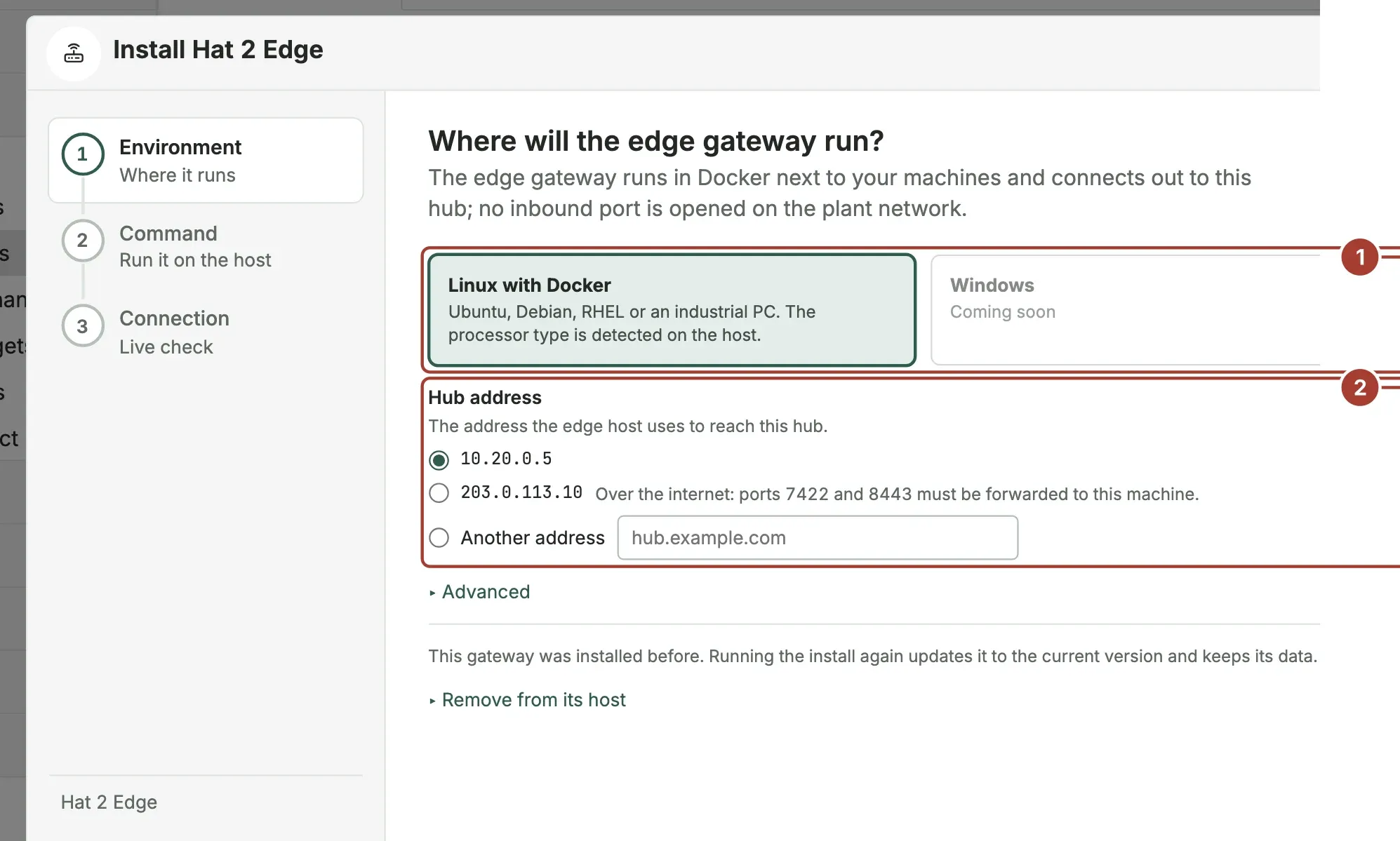 The first step of the gateway installation wizard: Linux with Docker chosen as the environment and the hub addresses the edge host can reach