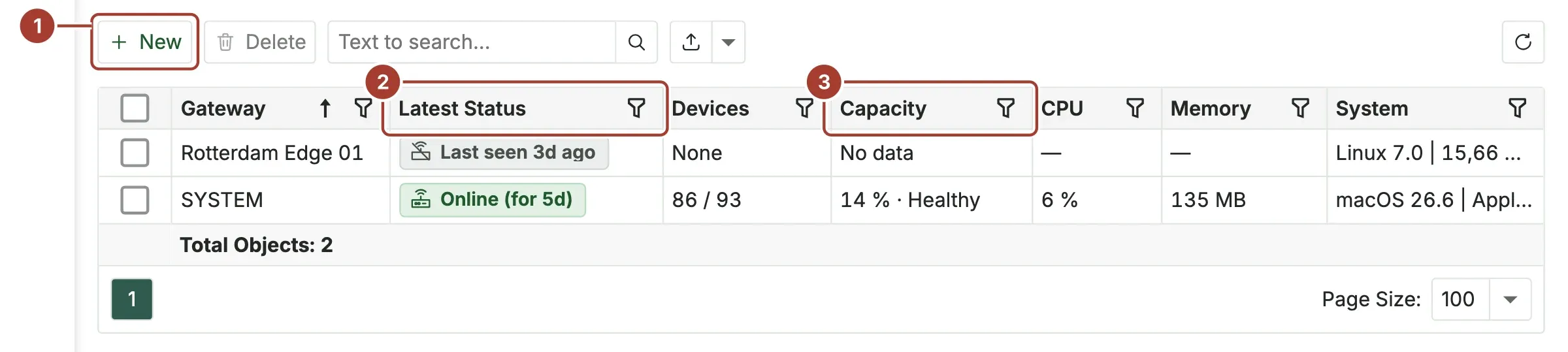 The edge gateway list with two online gateways, their devices, capacity, CPU, memory and system