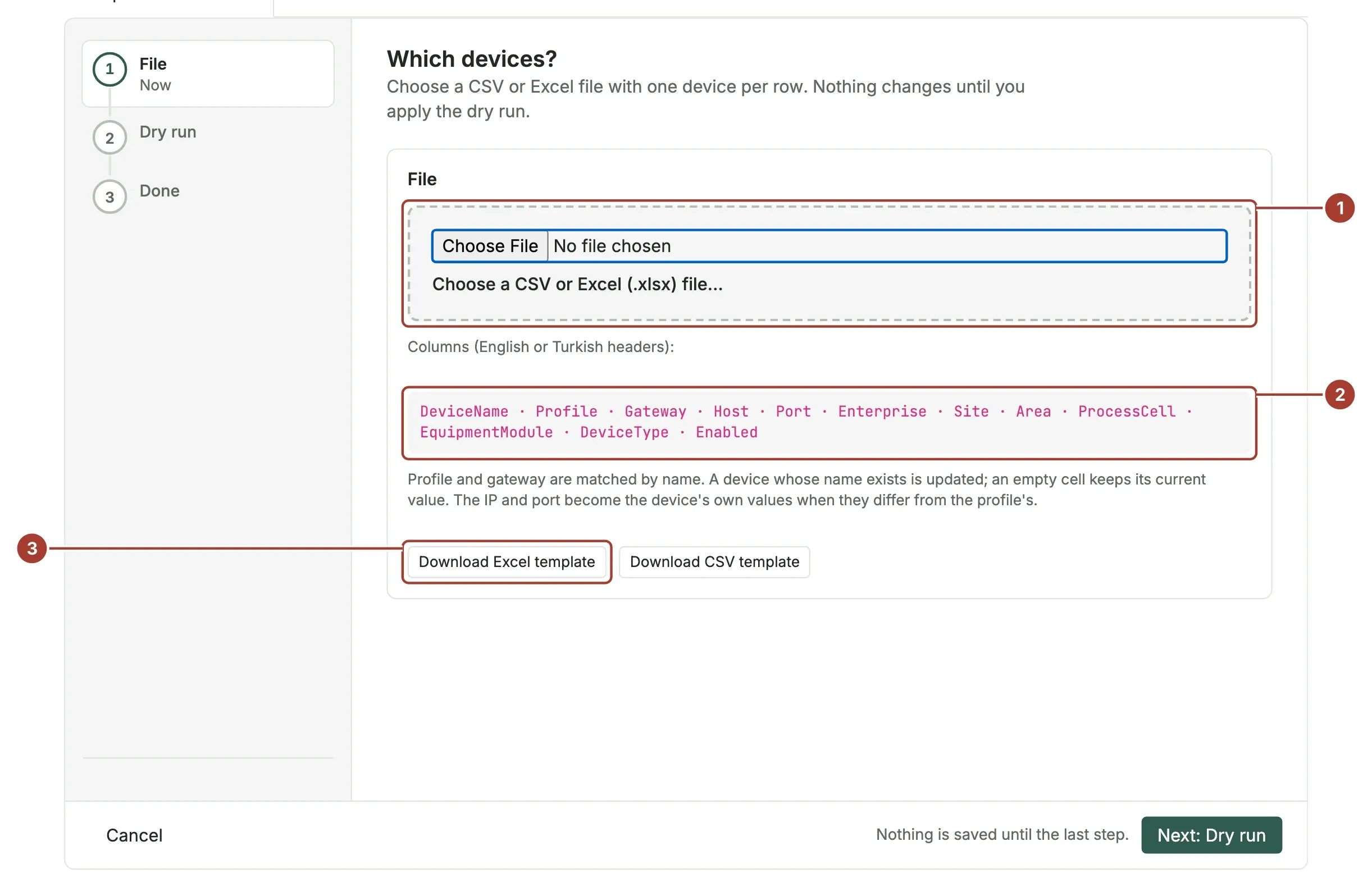 The first import step with the file box, the list of columns and the two template buttons