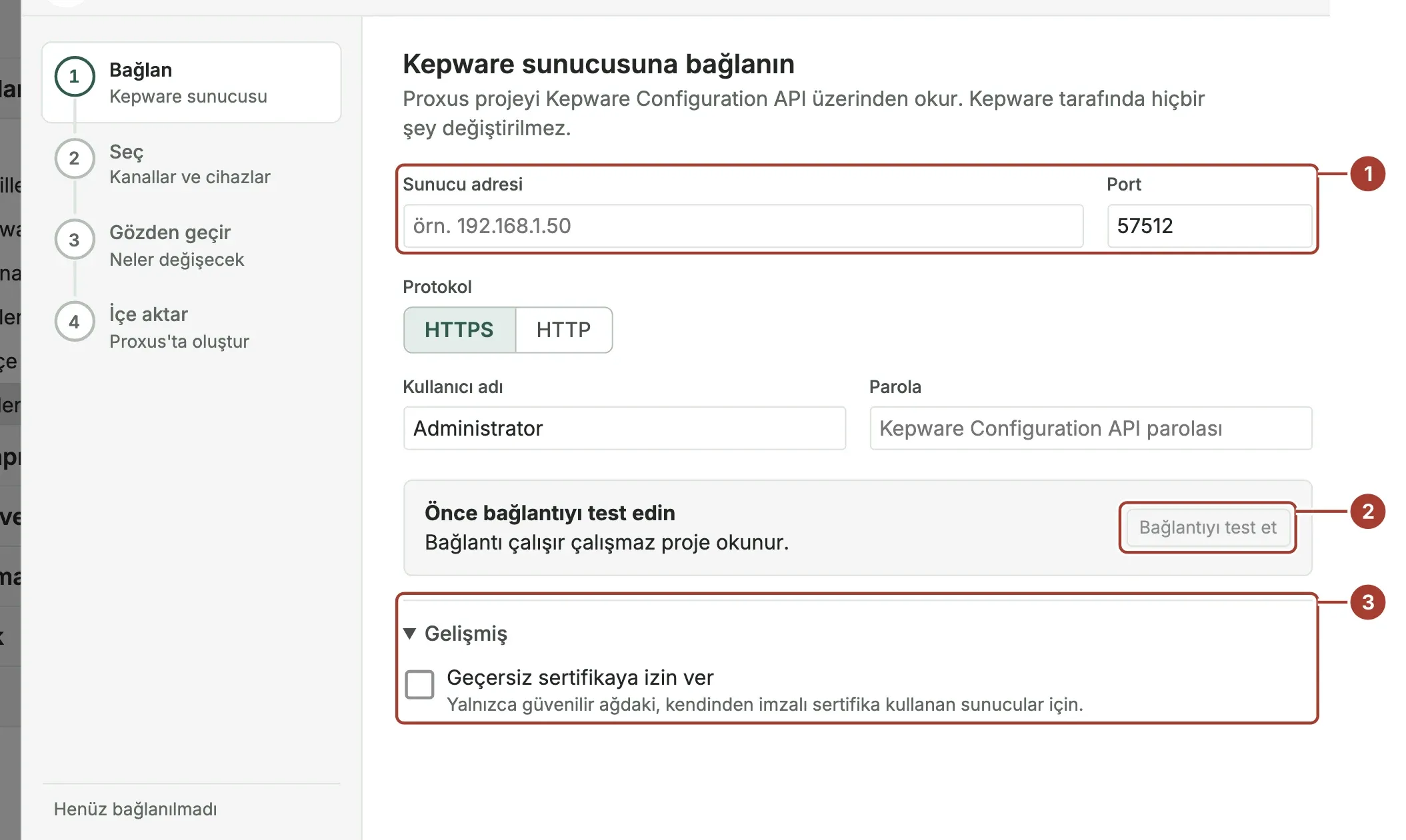 Kepware'den aktarma sihirbazının dört adımından ilki: Kepware Configuration API için sunucu adresi, port, protokol ve oturum bilgileri; hiçbir şey okunmadan önce bağlantı testi